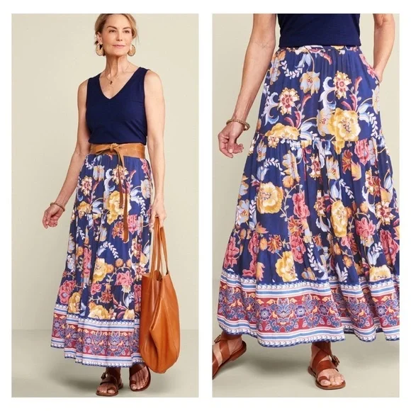 Soft Surroundings Large Kara Maxi Skirt Navy Floral Tiered Pockets - Picture 1 of 13